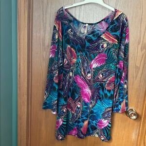 India Boutique Peacock Feather Print Long Sleeve Tunic - Teal & Pink